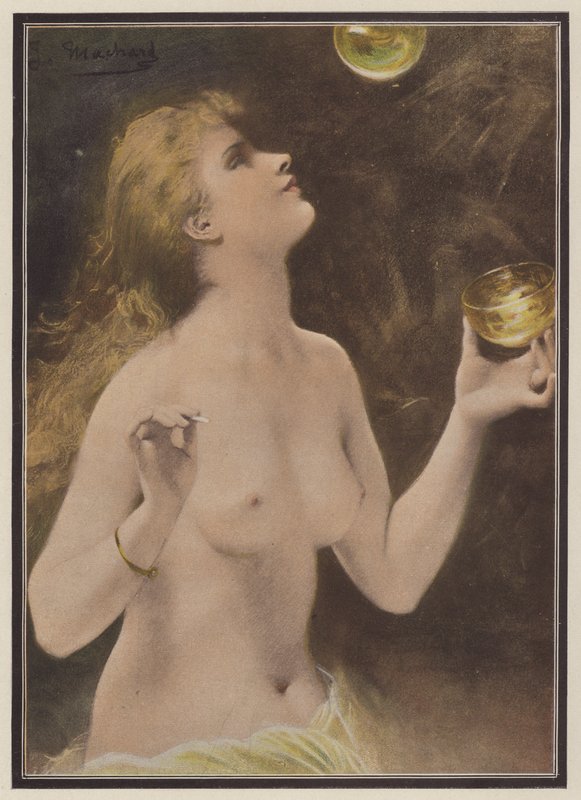 Woman blowing soap bubbles by Jules Louis Machard