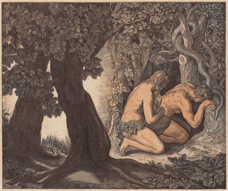 Adam and Eve hiding in the Garden, Genesis, III, 8 by Julius (after) Schnorr von Carolsfeld