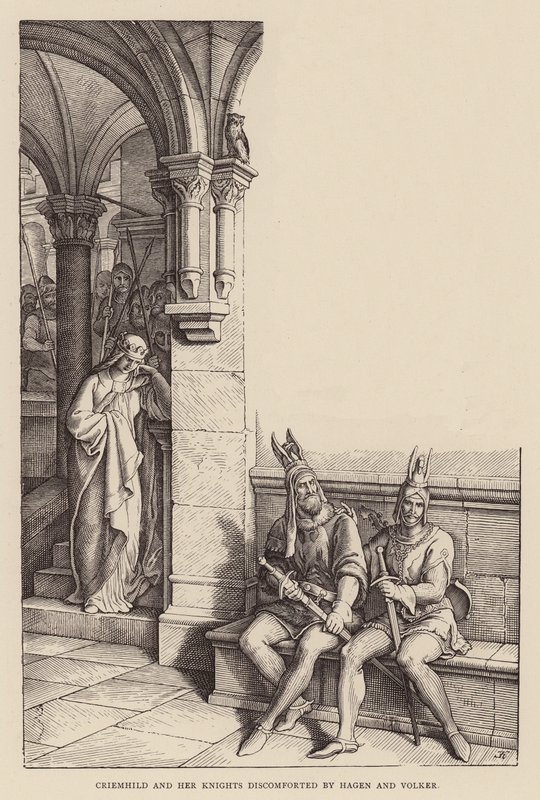 Criemhild and Her Knights Discomforted by Hagen and Volker by Julius (after) Schnorr von Carolsfeld