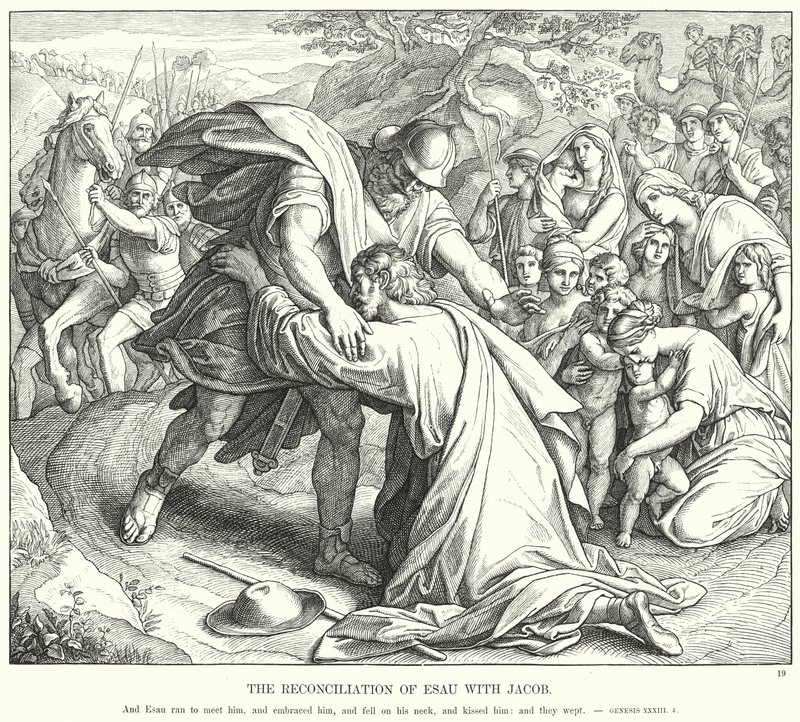 The Reconciliation of Esau with Jacob (engraving) by Julius (after) Schnorr von Carolsfeld
