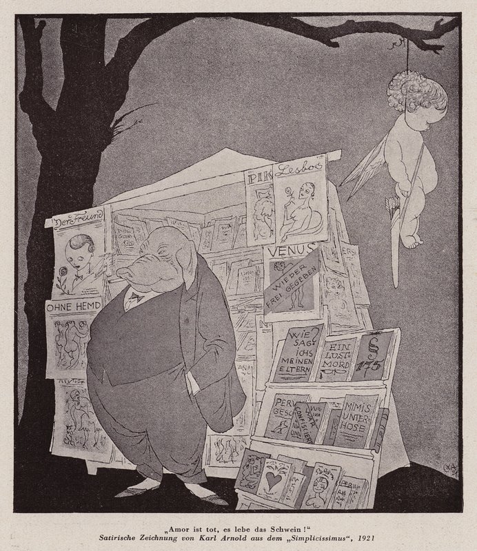 Cupid Hanging from a Tree Above a Street Kiosk Selling Pornography by Karl Arnold