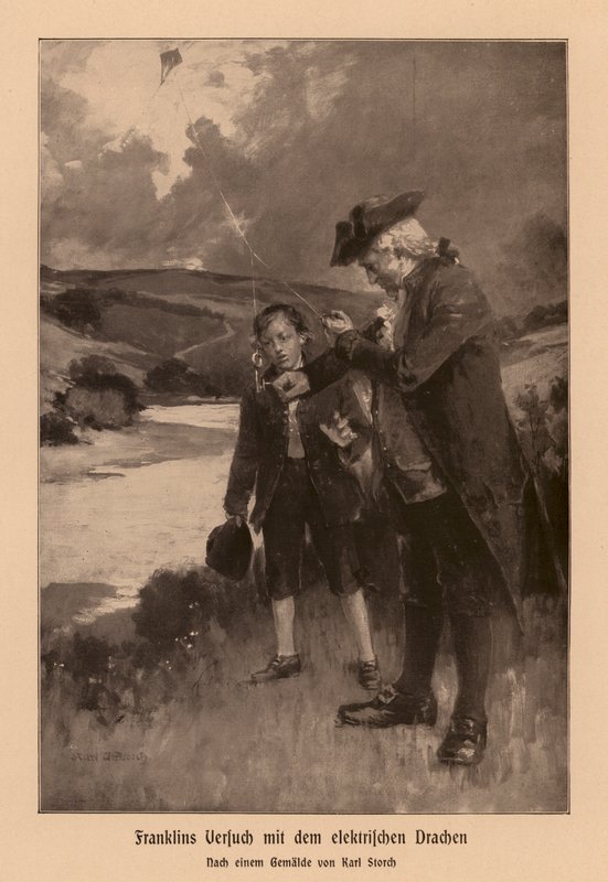 Benjamin Franklin investigating lightning (lithograph) by Karl Storch