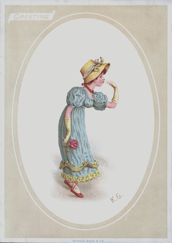 Girl in blue dress, with straw bonnet, holding rose by Kate (after) Greenaway