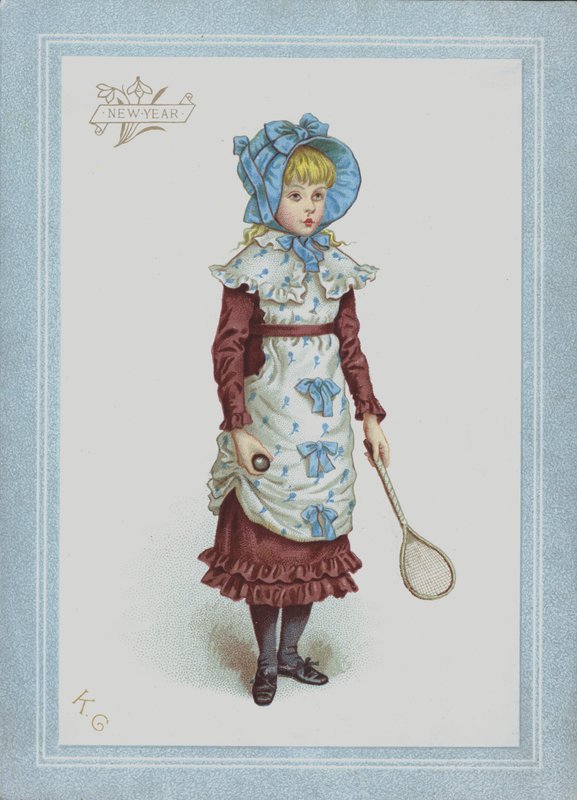 Girl in dress and bonnet, holding shuttlecock and racket by Kate (after) Greenaway