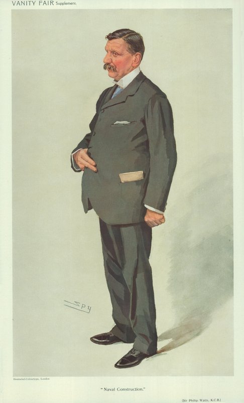Sir Philip Watts, Naval Construction, 7 April 1910, Vanity Fair Cartoon by Leslie Matthew Ward
