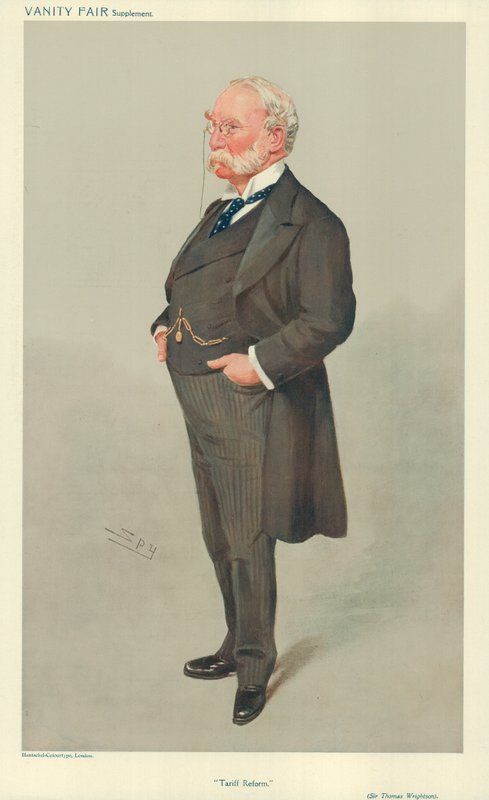 Sir Thomas Wrightson, Tariff Reform, 6 May 1908, Vanity Fair cartoon by Leslie Matthew Ward