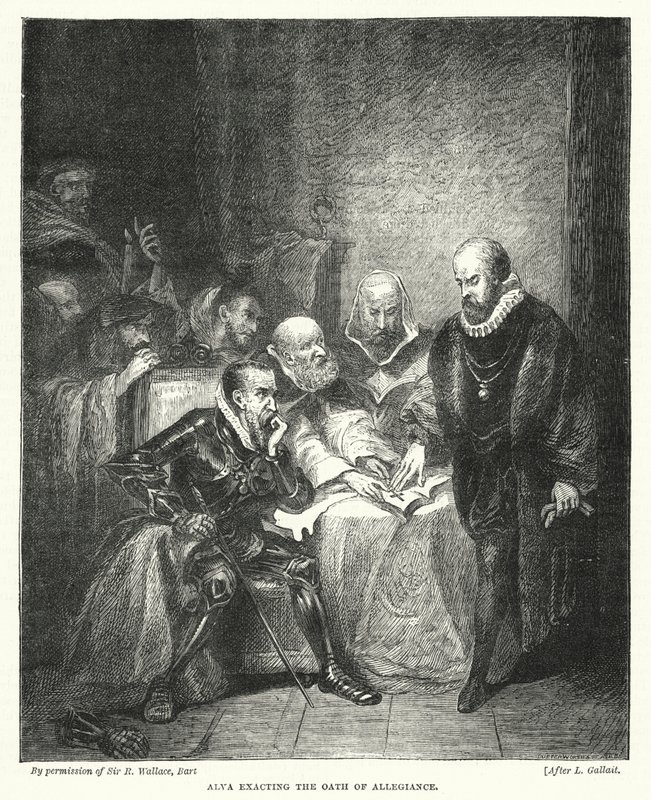 Alva exacting the Oath of Allegiance (engraving) by Louis (after) Gallait