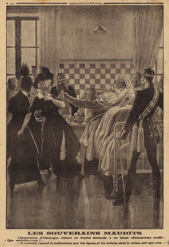 Angry reaction of a wounded soldier in hospital to a visit from Empress Augusta Victoria, World War I by Louis Charles (after) Bombled