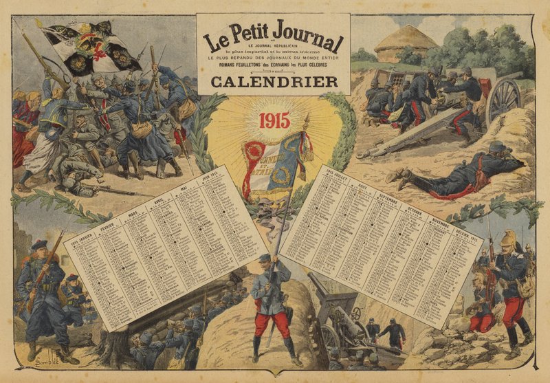 Calendar for 1915, with World War I battlefield scenes by Louis Charles (after) Bombled