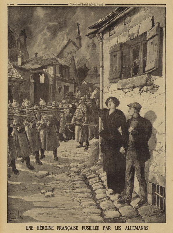 German war crimes: a young woman shot by a firing squad in a French village, World War I by Louis Charles (after) Bombled