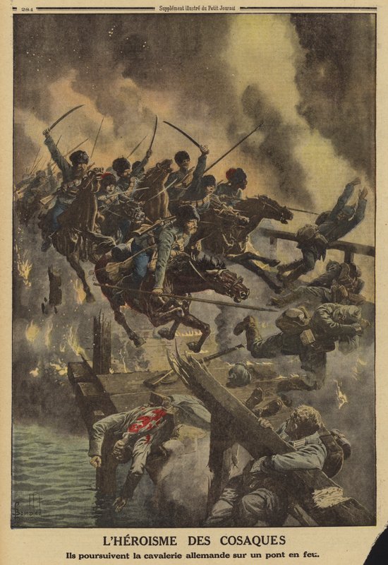 Russian Cossacks pursuing German cavalry across a burning bridge over the River Strypa, World War I by Louis Charles (after) Bombled