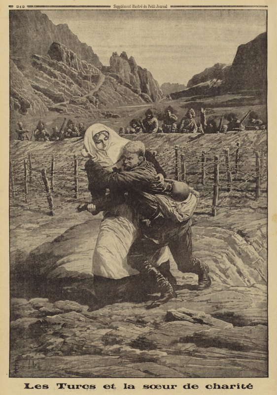 Turkish soldiers holding their fire as a Red Cross nurse rescues a wounded Russian soldier from no man