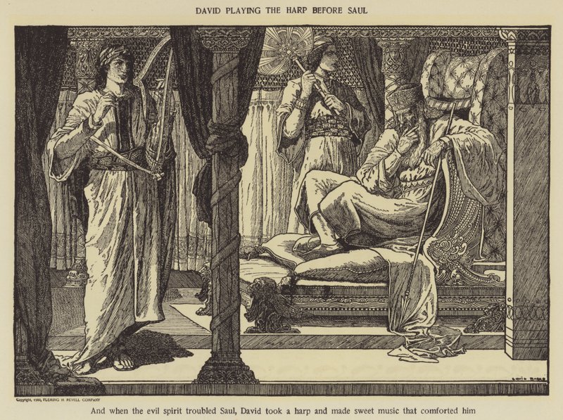 David playing the harp before Saul by Louis John Rhead