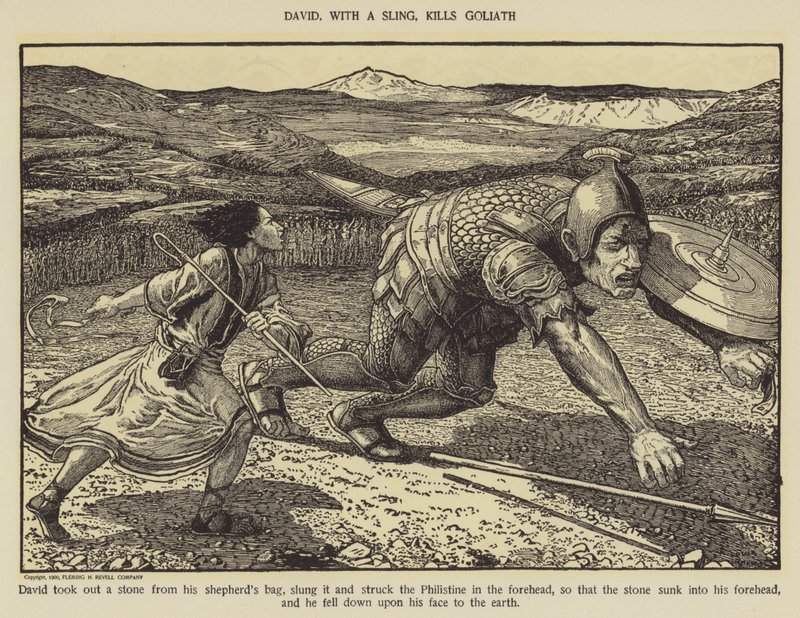David, with a sling, kills Goliath by Louis John Rhead