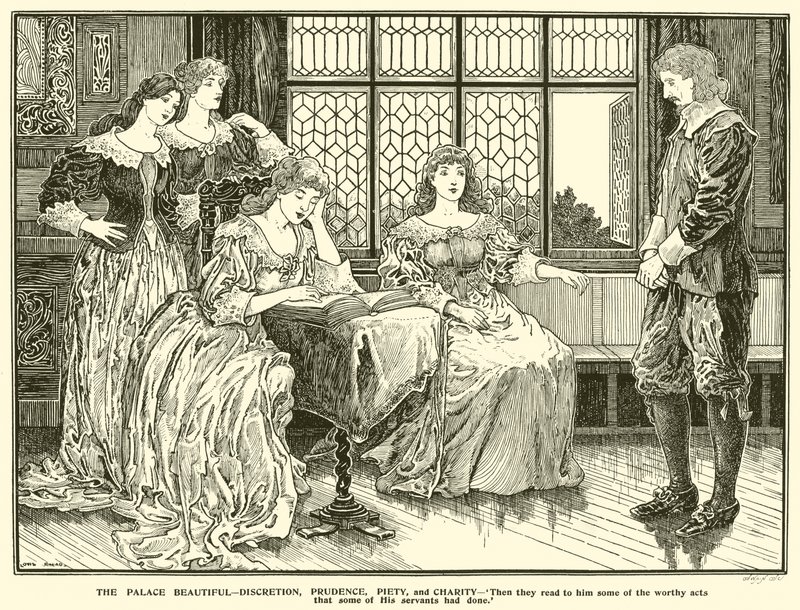 The Palace Beautiful, Discretion, Prudence, Piety, and Charity by Louis John Rhead