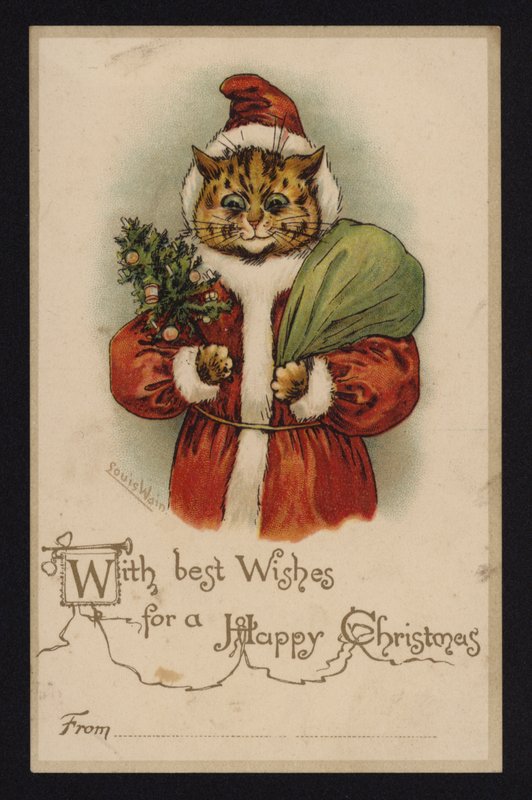 Cat as Santa Claus, Christmas greetings card by Louis Wain