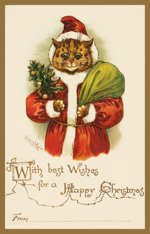 Cat wearing a Father Christmas costume by Louis Wain