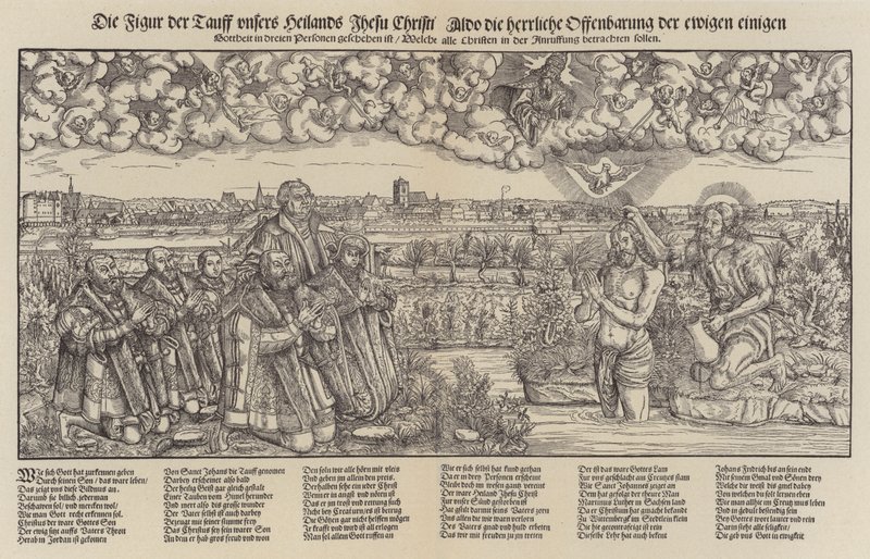 Frederick III, Elector of Saxony and Martin Luther witnessing the baptism of Christ by Lucas the Elder (after) Cranach
