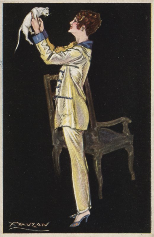 Girl in Pyjamas Holding White Cat by Luciano Achille Mauzan