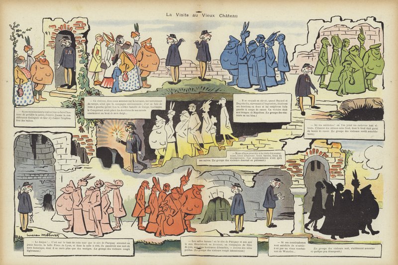 Visit to the old chateau. Illustration for Le Rire by Lucien Metivet