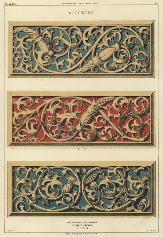 Carved woodwork on benches in the Church of St Mary, Lubeck, Germany by Ludwig Gruner