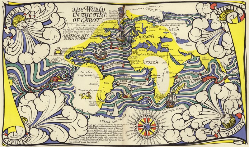 Map of the World in the Time of the Navigators John and Sebastian Cabot by MacDonald Gill