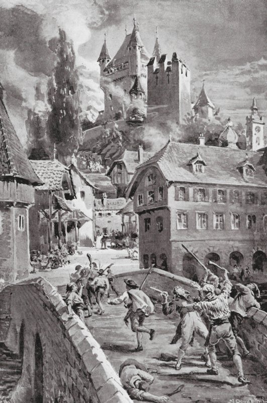 The Burning of the Castle of Wadenschwyl in 1804 by Margaret (after) Dovaston