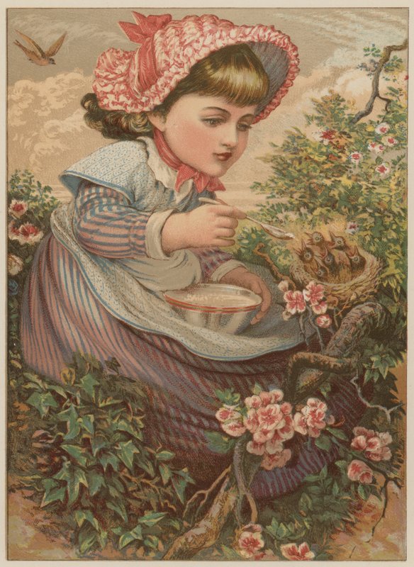 Girl feeding baby birds by Mary Ellen Edwards