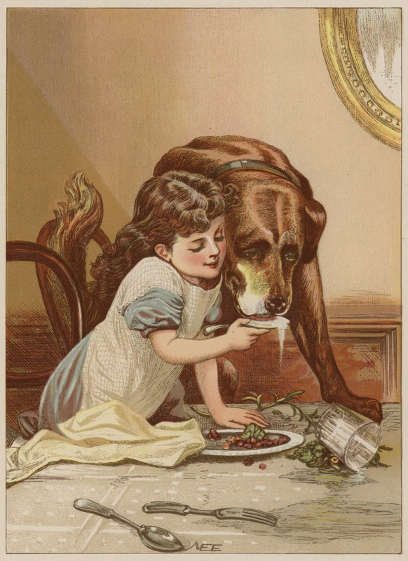 Girl feeding dog by Mary Ellen Edwards