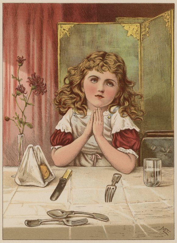 Girl saying grace before meal by Mary Ellen Edwards