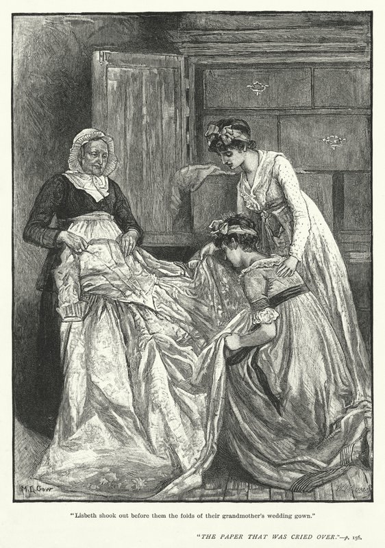 "Lisbeth shook out before them the folds of their grandmother