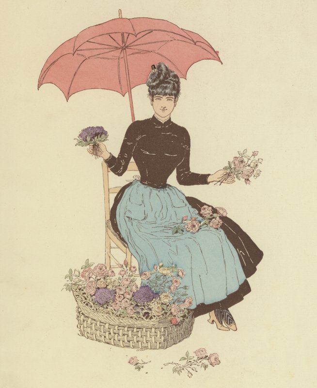 Woman sitting under an umbrella selling flowers by Maurice Charles Mathieu Bonvoisin