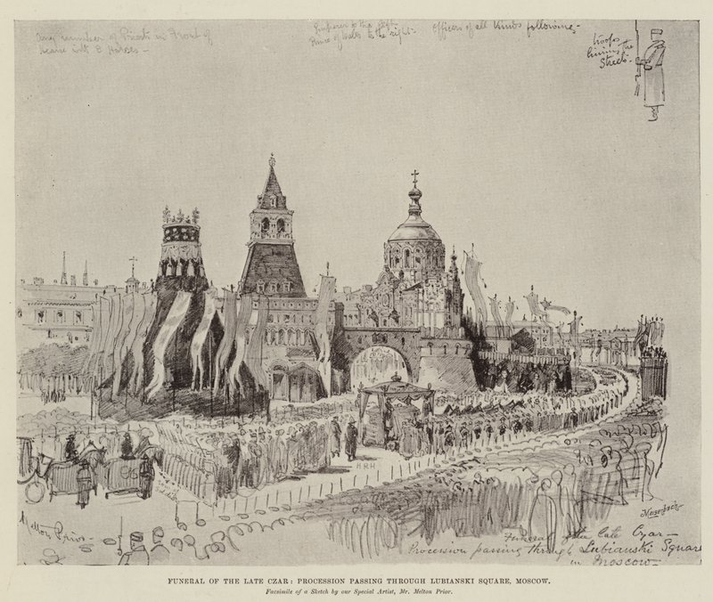 Funeral of the Late Czar, Procession passing through Lubianski Square, Moscow by Melton Prior