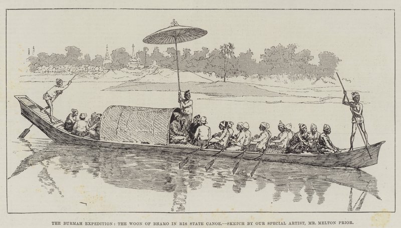 The Burmah Expedition, the Woon of Bhamo in his State Canoe by Melton Prior