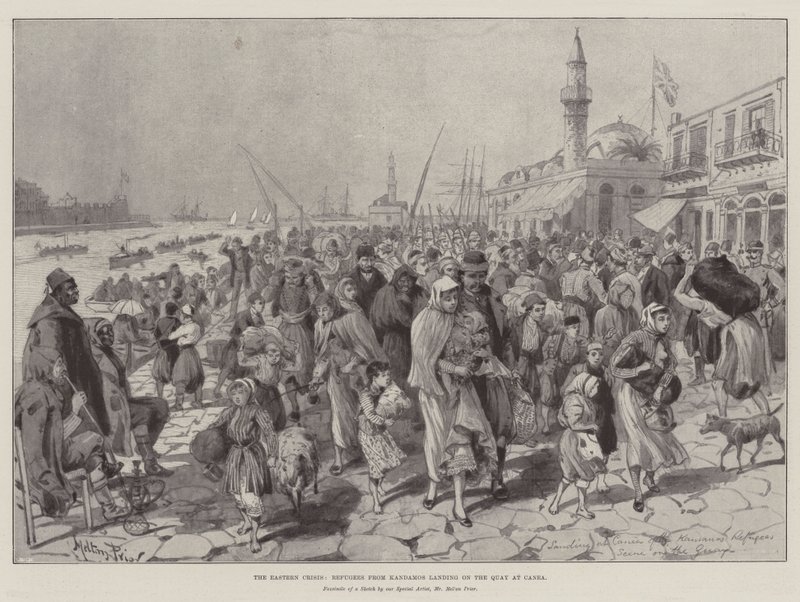 The Eastern Crisis, Refugees from Kandamos landing on the Quay at Canea by Melton Prior