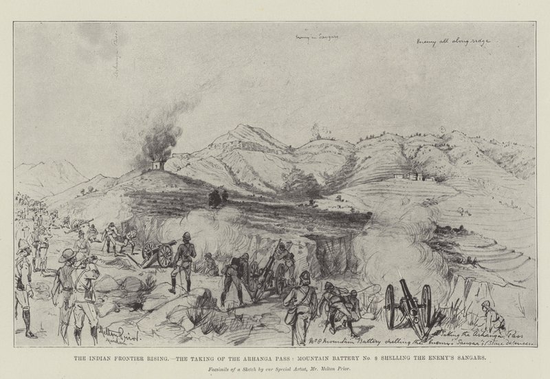 The Indian Frontier Rising, the Taking of the Arhanga Pass, Mountain Battery No 8 shelling the Enemy
