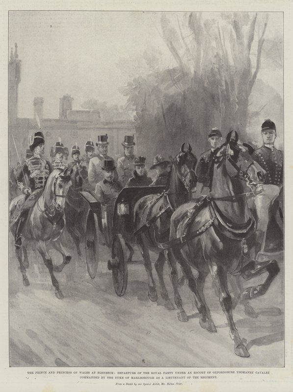 The Prince and Princess of Wales at Blenheim, Departure of the Royal Party under an Escort of Oxfordshire Yeomanry Cavalry Commanded by the Duke of Marlborough as a Lieutenant of the Regiment by Melton Prior