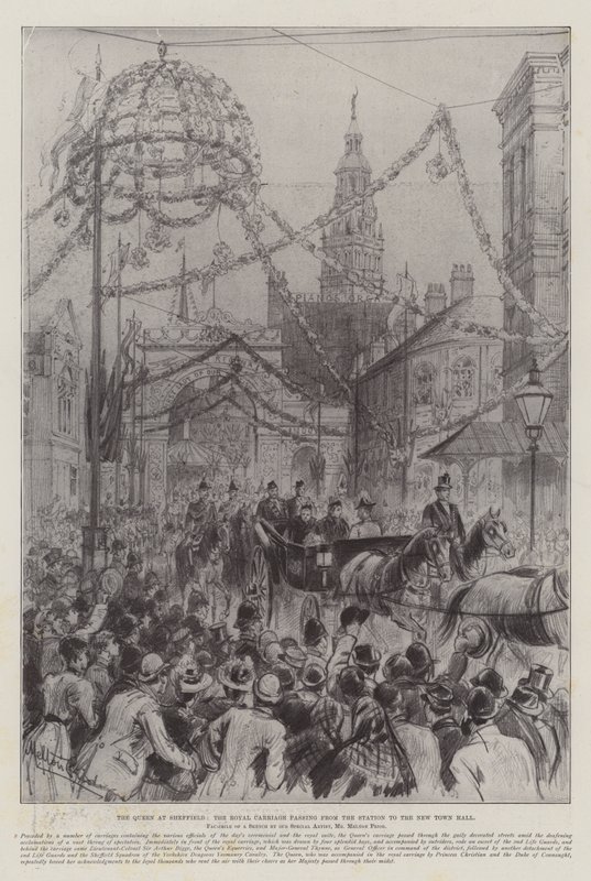 The Queen at Sheffield, the Royal Carriage Passing from the Station to the New Town Hall by Melton Prior