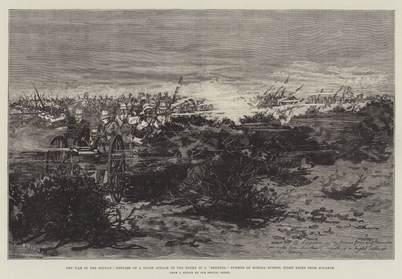 The War in the Soudan, Repulse of a Night Attack of the Enemy in a Sereeba, Formed of Mimosa Bushes, Eight Miles from Souakim by Melton Prior