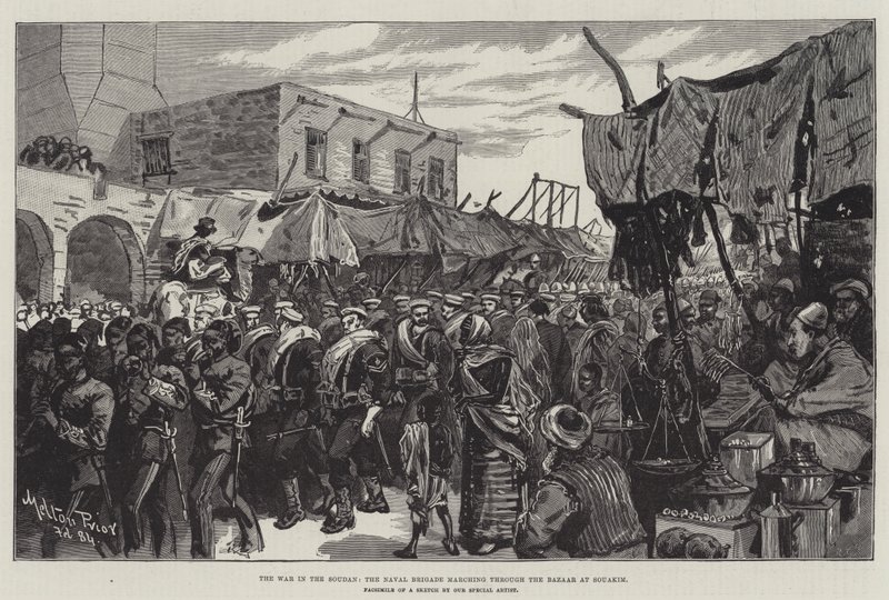 The War in the Soudan, the Naval Brigade marching through the Bazaar at Souakim by Melton Prior