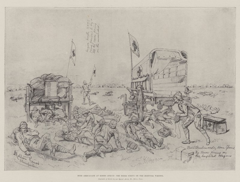Boer Ambuscade at Koorn Spruit, the Boers firing on the Hospital Wagons by Melton Prior