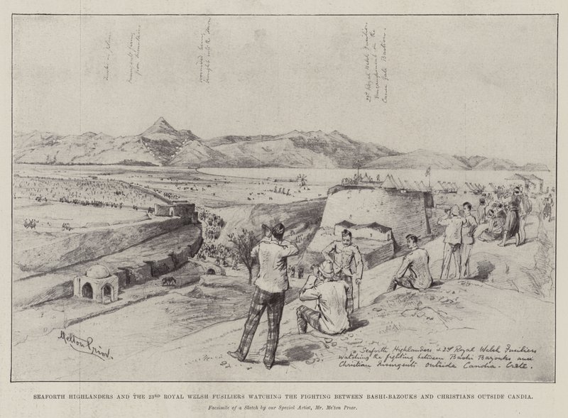 Seaforth Highlanders and the 23rd Royal Welsh Fusiliers watching the Fighting between Bashi-Bazouks and Christians outside Candia by Melton Prior