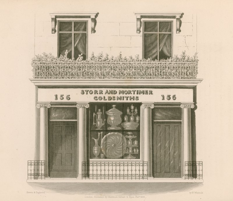 Ionic style shop front of Messrs Storr and Mortimer, goldsmiths and jewellers, No 156, Bond Street, London by Nathaniel Whittock