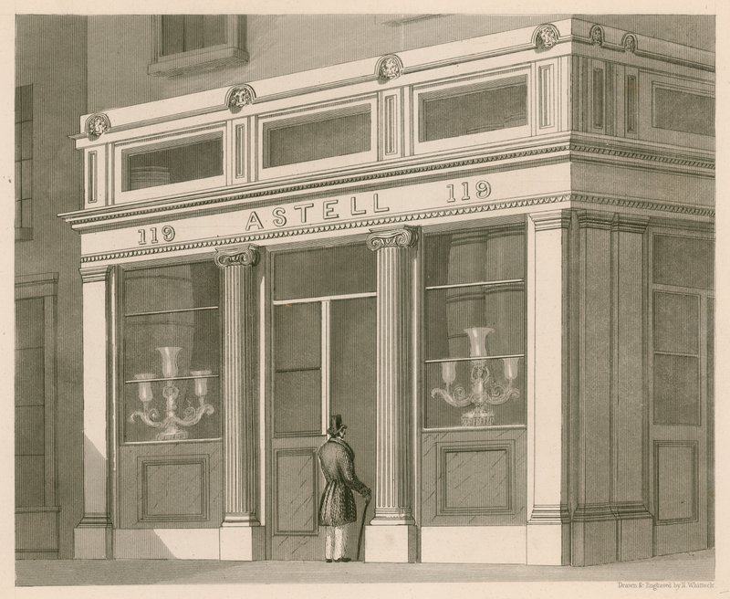 Shop front for Astell, Wine and Spirit Warehouse, Grafton Street, Tottenham Court Road by Nathaniel Whittock