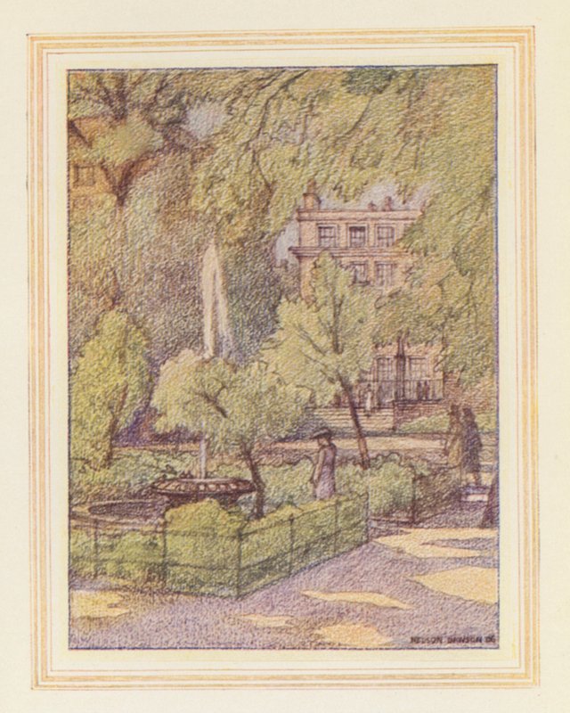 In the Temple Gardens, Fountain Court by Nelson Dawson