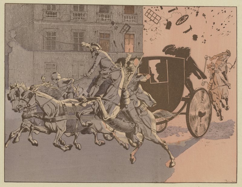 Napoleon Has a Miraculous Escape from the Explosion of a Bomb, the Machine Infernale, on the Rue Saint-Nicaise, Paris, 24 December 1800 by Onfray de Breville Job