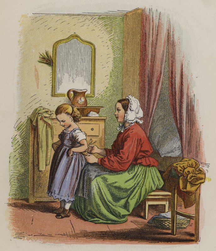 Mother dressing her young daughter by Oskar Pletsch