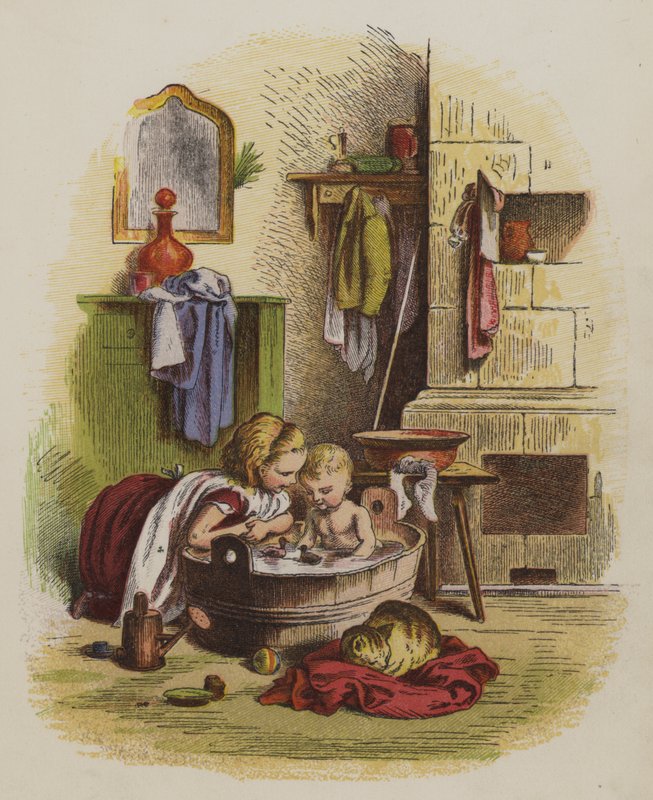 Young girl watching her little brother playing in the bath by Oskar Pletsch