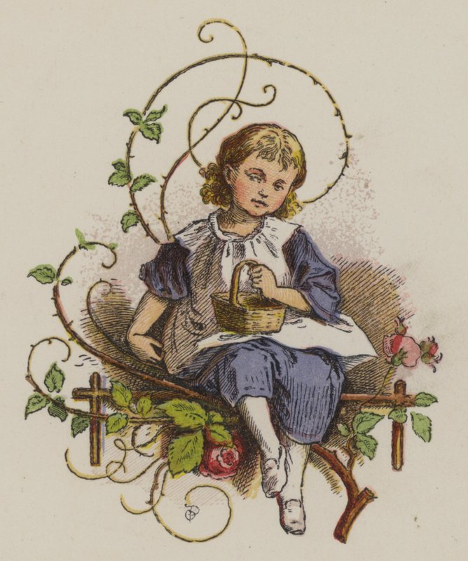 Little girl sitting and holding a basket by Oskar Pletsch