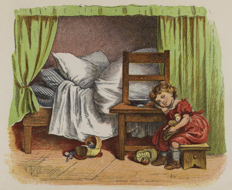 Little girl sitting beside her bed by Oskar Pletsch